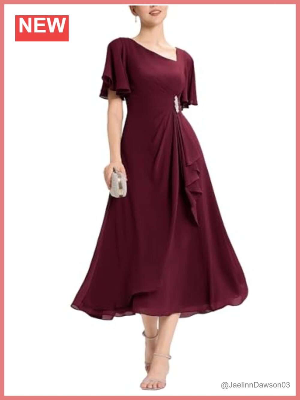 Ever-Pretty Chiffon Midi A-Line Formal Wedding Guest Dress Rhinestone Ruffle